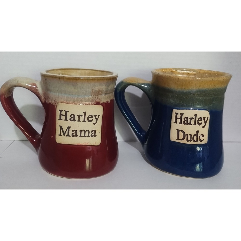 Harley Mama and Harley Dude Stoneware Coffee Mug Set Red Blue Drip Glaze 2pc
